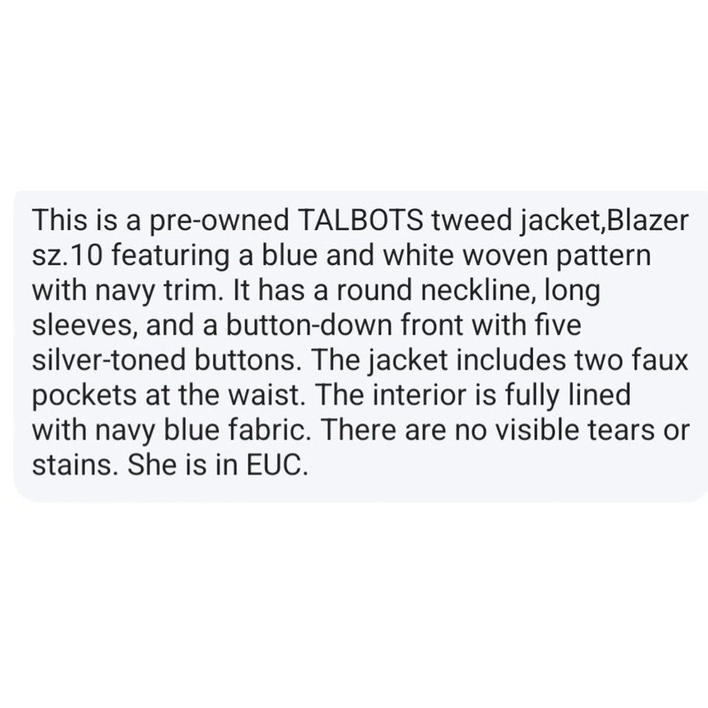 💕EUC TALBOTS Tweed Jacket, Blazer, SZ.10 Navy Blue White Silver - Picture 12 of 12